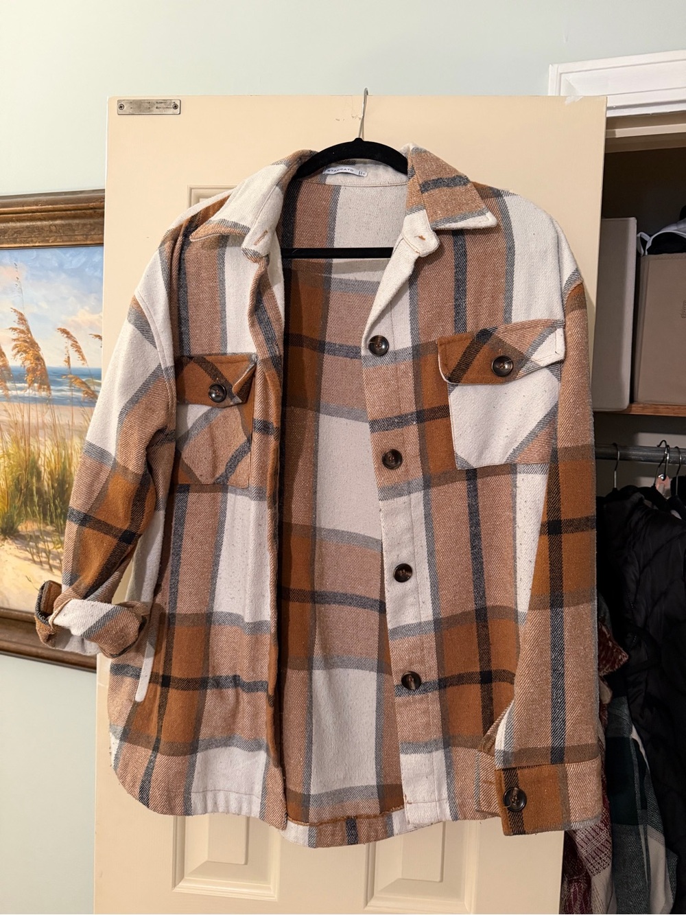 Staccato Plaid Shacket in Cream and Brown Stripes